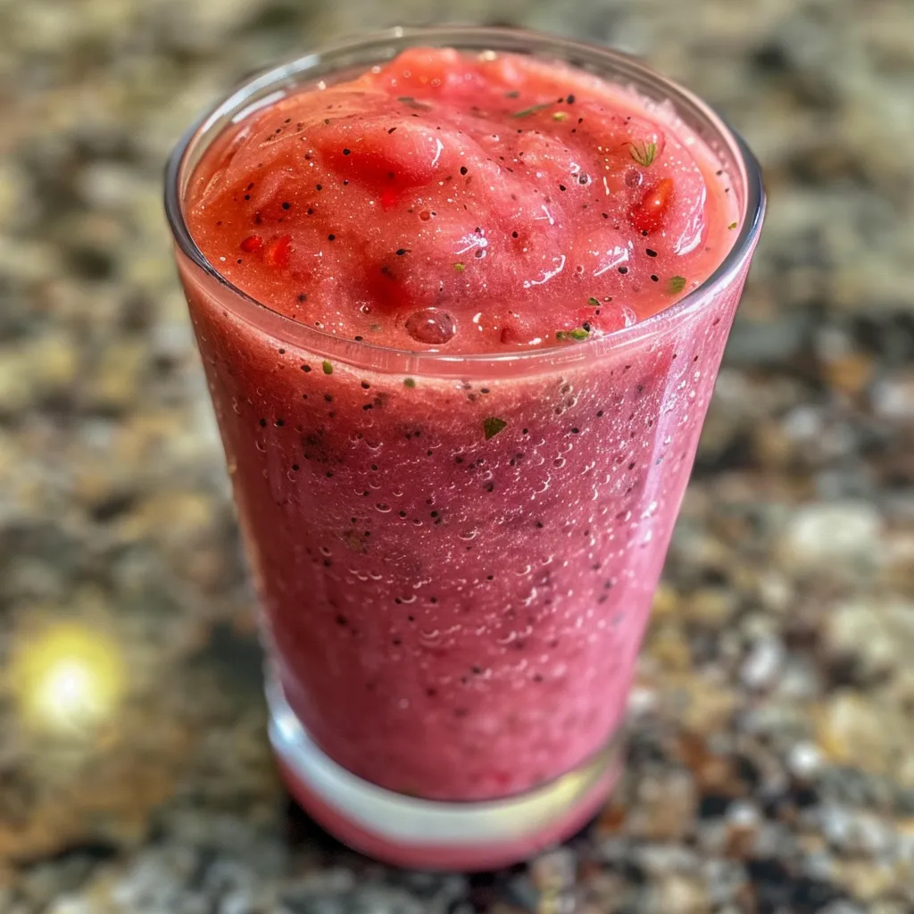 Refreshing watermelon and strawberry smoothie displayed in a clear glass, garnished with mint leaves.