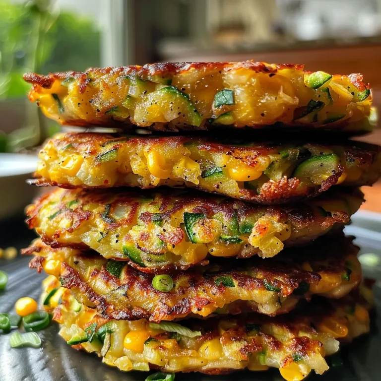 Close-up view of golden-brown zucchini corn fritters on a wooden board.