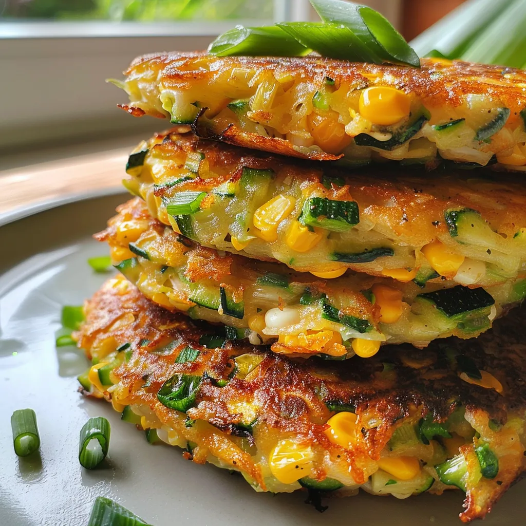 Side view of juicy zucchini corn fritters garnished with fresh herbs.