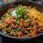 ['Close-up view of a colorful Ground Turkey Taco Skillet filled with beans, corn, and cheese.', 'Juicy Ground Turkey Taco Skillet with vibrant ingredients, showcasing a delicious meal preparation.', 'Side view of a hearty Ground Turkey Taco Skillet, featuring layered ingredients and melted cheese.', 'Appetizing Ground Turkey Taco Skillet topped with cilantro and jalapenos, ready to serve.']