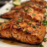 ['Close-up view of marinated grilled salmon fillet on a plate.', 'Side angle of juicy grilled salmon with a shiny glaze.', 'Detailed shot of salmon garnished with minced parsley.', 'Freshly grilled salmon with visible marinade glistening.']