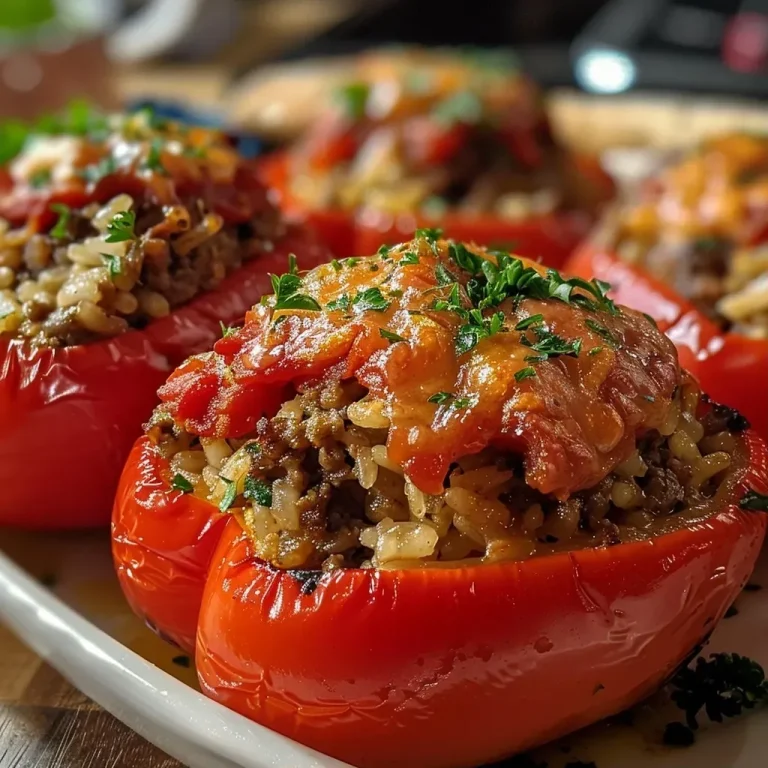 ['Juicy air fryer stuffed red peppers filled with ground beef and rice.', 'Close-up view of vibrant red bell peppers stuffed with meat and sauce.', 'Deliciously cooked stuffed peppers showcasing their colorful filling.', 'Side view of air fryer prepared stuffed peppers with ground beef filling.']