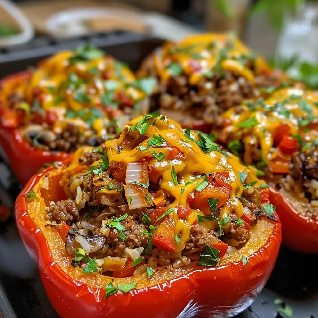 ['Juicy air fryer stuffed red peppers filled with ground beef and rice.', 'Close-up view of vibrant red bell peppers stuffed with meat and sauce.', 'Deliciously cooked stuffed peppers showcasing their colorful filling.', 'Side view of air fryer prepared stuffed peppers with ground beef filling.']