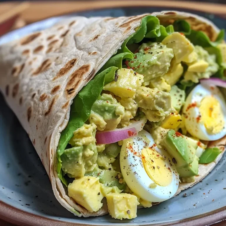 ['Close-up view of a colorful avocado egg salad wrap filled with chopped eggs, avocado, and vegetables.', 'Side angle of a fresh avocado egg salad wrap showcasing creamy filling and vibrant colors.', 'A delicious avocado egg salad wrap with visible ingredients, including greens and diced vegetables.', 'Textured image of an avocado egg salad wrap, highlighting its fresh and creamy ingredients.']