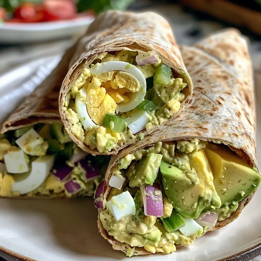 Close-up view of a colorful avocado egg salad wrap filled with chopped eggs, avocado, and vegetables.