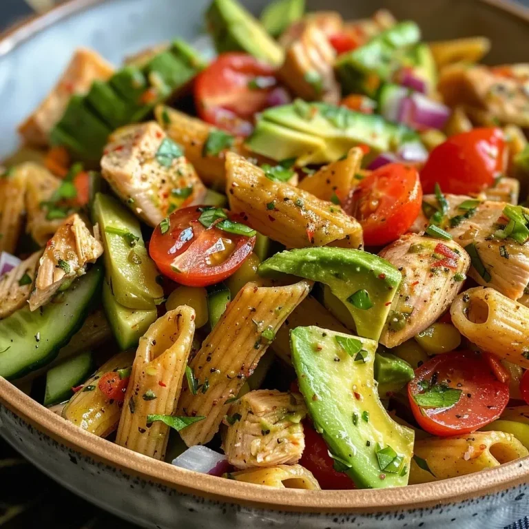 ['Close-up view of a vibrant avocado pasta salad featuring rotini pasta, cherry tomatoes, and spinach.', 'A colorful avocado pasta salad presented in a bowl, showcasing diced avocado, corn, and fresh basil.', 'Side view of an appetizing avocado pasta salad filled with various fresh ingredients like cherry tomatoes and red onion.', 'A detailed look at a fresh avocado pasta salad, highlighting its creamy avocado and colorful vegetables.']