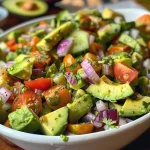 ['Close-up view of a vibrant avocado salad with diced jalapeño, red onion, and cherry tomatoes.', 'Colorful avocado salad arranged with fresh ingredients, showcasing diced cucumbers and cilantro.', 'Side view of a delicious avocado salad featuring firm avocados, sprinkled with sea salt.', 'Fresh avocado salad close-up with lime juice drizzle, garnished with black pepper and cumin.']