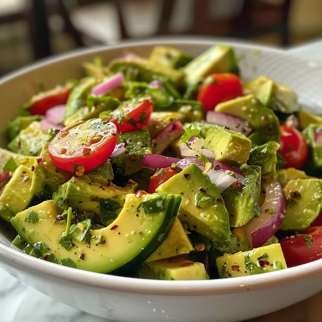 Close-up view of a vibrant avocado salad with diced jalapeño, red onion, and cherry tomatoes.