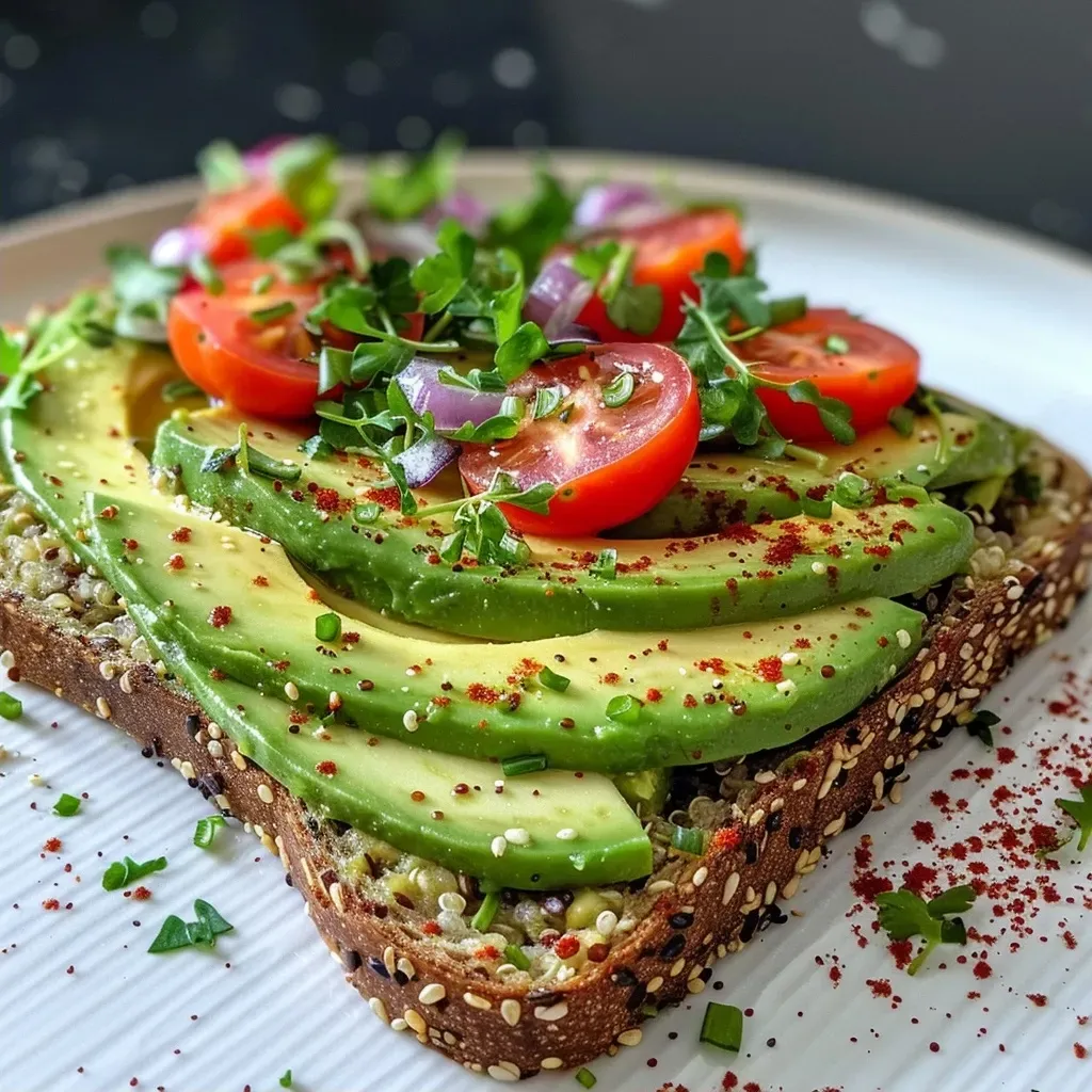 Close-up view of avocado toast on quinoa bread topped with cherry tomatoes and cress.