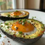 ['Close-up view of baked avocado eggs with a golden yolk in a green avocado half.', 'Side view of an avocado cut in half, holding two baked eggs, garnished with herbs.', 'Juicy baked avocado eggs served in an avocado shell, topped with chives and spices.', 'An iPhone 15 Pro photo of a perfectly baked avocado with eggs, showing vibrant colors.']