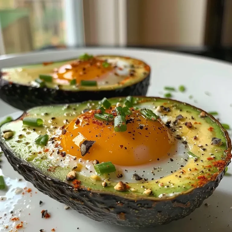 ['Close-up view of baked avocado eggs with a golden yolk in a green avocado half.', 'Side view of an avocado cut in half, holding two baked eggs, garnished with herbs.', 'Juicy baked avocado eggs served in an avocado shell, topped with chives and spices.', 'An iPhone 15 Pro photo of a perfectly baked avocado with eggs, showing vibrant colors.']