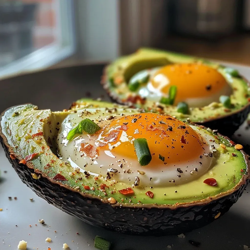 ['Close-up view of baked avocado eggs with a golden yolk in a green avocado half.', 'Side view of an avocado cut in half, holding two baked eggs, garnished with herbs.', 'Juicy baked avocado eggs served in an avocado shell, topped with chives and spices.', 'An iPhone 15 Pro photo of a perfectly baked avocado with eggs, showing vibrant colors.']