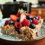 ['Close-up view of baked oatmeal topped with mixed berries and a creamy texture.', 'Side view of a bowl of baked oatmeal featuring strawberries, blueberries, and raspberries.', 'Juicy baked oatmeal with a variety of fresh berries, showcasing a rich, creamy topping.', 'Delicious baked oatmeal with a colorful array of strawberries, blueberries, and raspberries.']