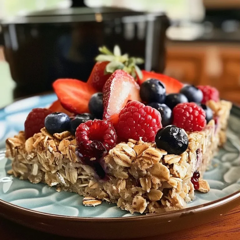 ['Close-up view of baked oatmeal topped with mixed berries and a creamy texture.', 'Side view of a bowl of baked oatmeal featuring strawberries, blueberries, and raspberries.', 'Juicy baked oatmeal with a variety of fresh berries, showcasing a rich, creamy topping.', 'Delicious baked oatmeal with a colorful array of strawberries, blueberries, and raspberries.']