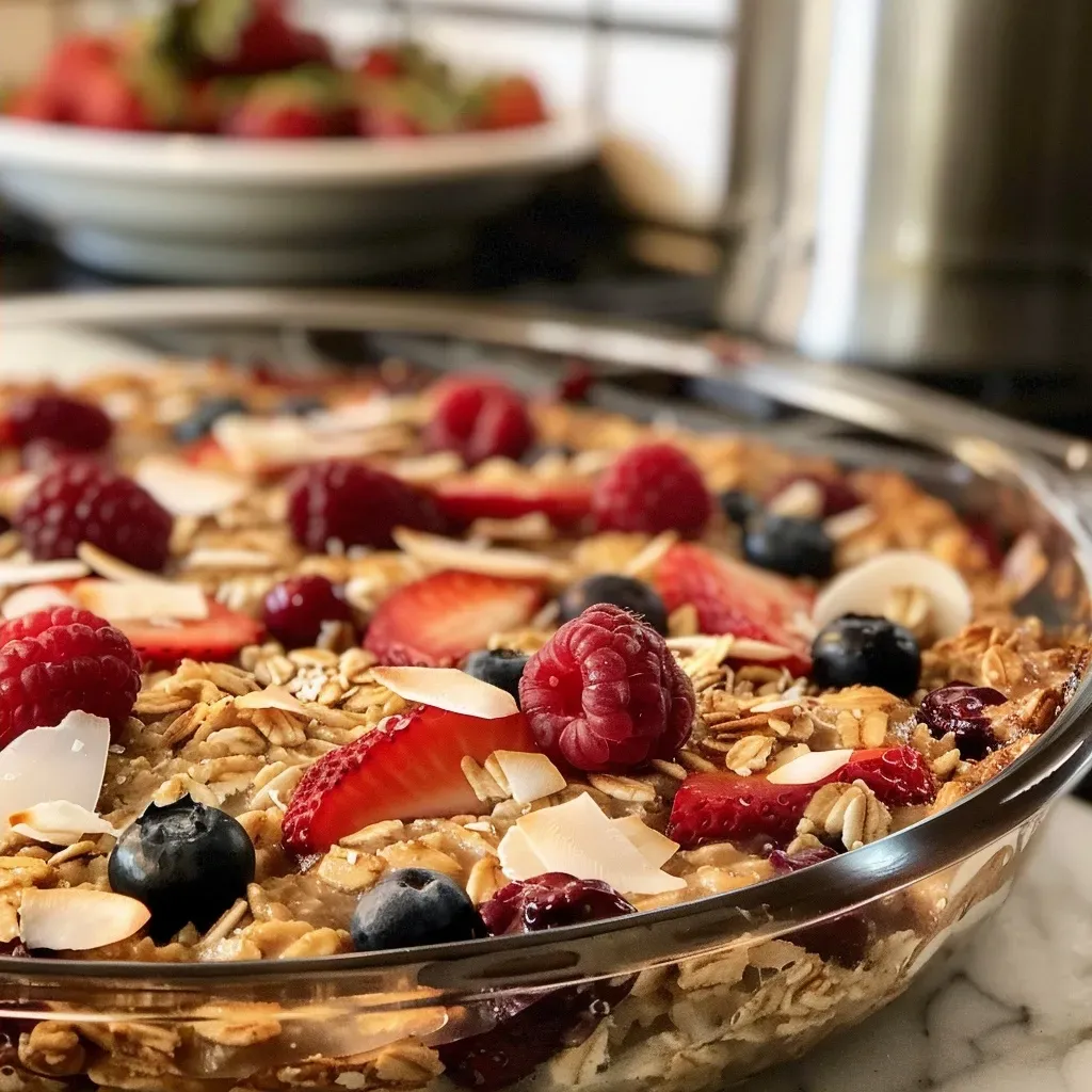 Close-up view of baked oatmeal topped with mixed berries and a creamy texture.
