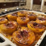 ['Close-up shot of halved baked peaches drizzled with honey and topped with a scoop of vanilla ice cream.', 'Side view of warm baked peaches glistening with melted butter and spices, served with ice cream.', 'Juicy baked peach halves garnished with cinnamon, ginger, and a scoop of vanilla ice cream.', 'Deliciously baked peaches with a golden glaze, presented on a plate with ice cream beside them.']
