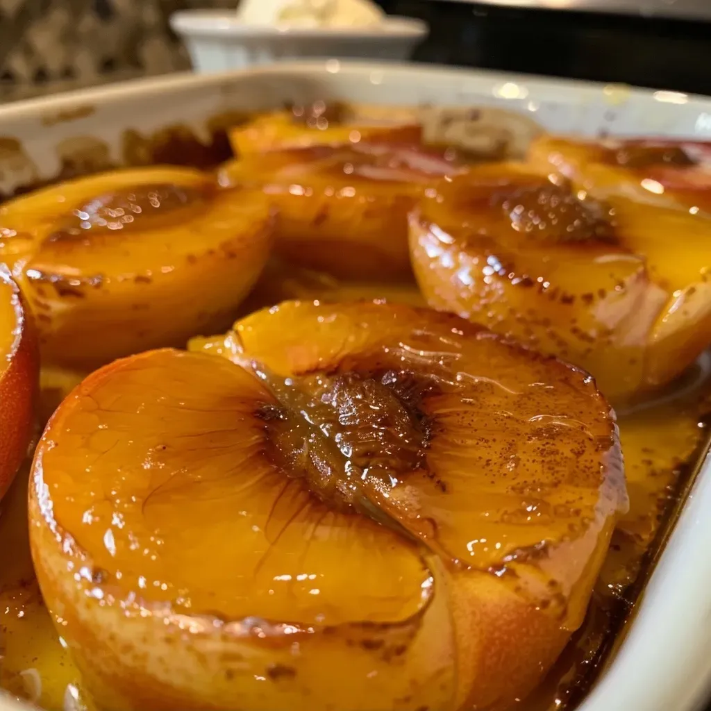 Close-up shot of halved baked peaches drizzled with honey and topped with a scoop of vanilla ice cream.