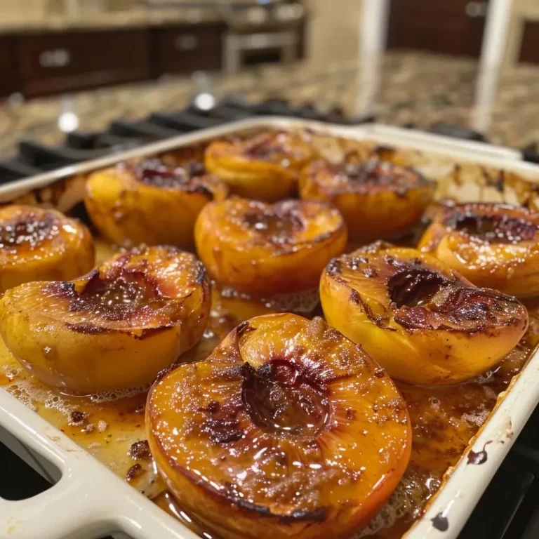 ['Close-up of baked peaches topped with brown sugar and cinnamon.', 'Side view of golden baked peaches with a sugary crust.', 'Juicy baked peaches glistening with melted butter and sugar.', 'Warm baked peaches with a caramelized brown sugar topping.']