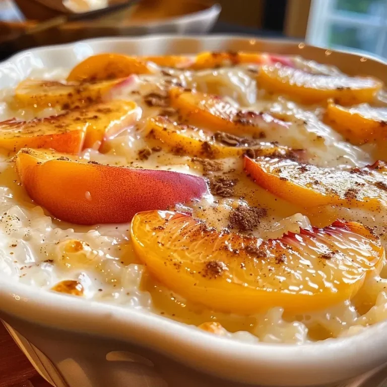 ['Close-up of baked rice pudding topped with diced peaches.', 'Side view of creamy baked rice pudding garnished with fresh peaches.', 'Delicious baked rice pudding featuring peaches, served in a bowl.', 'Creamy rice pudding with peach slices, shown in a close-up shot.']