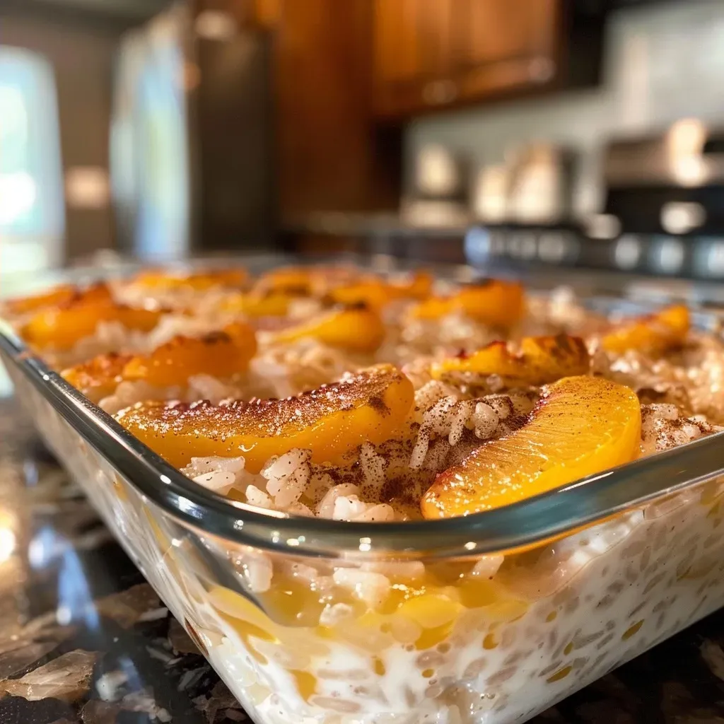 Close-up of baked rice pudding topped with diced peaches.