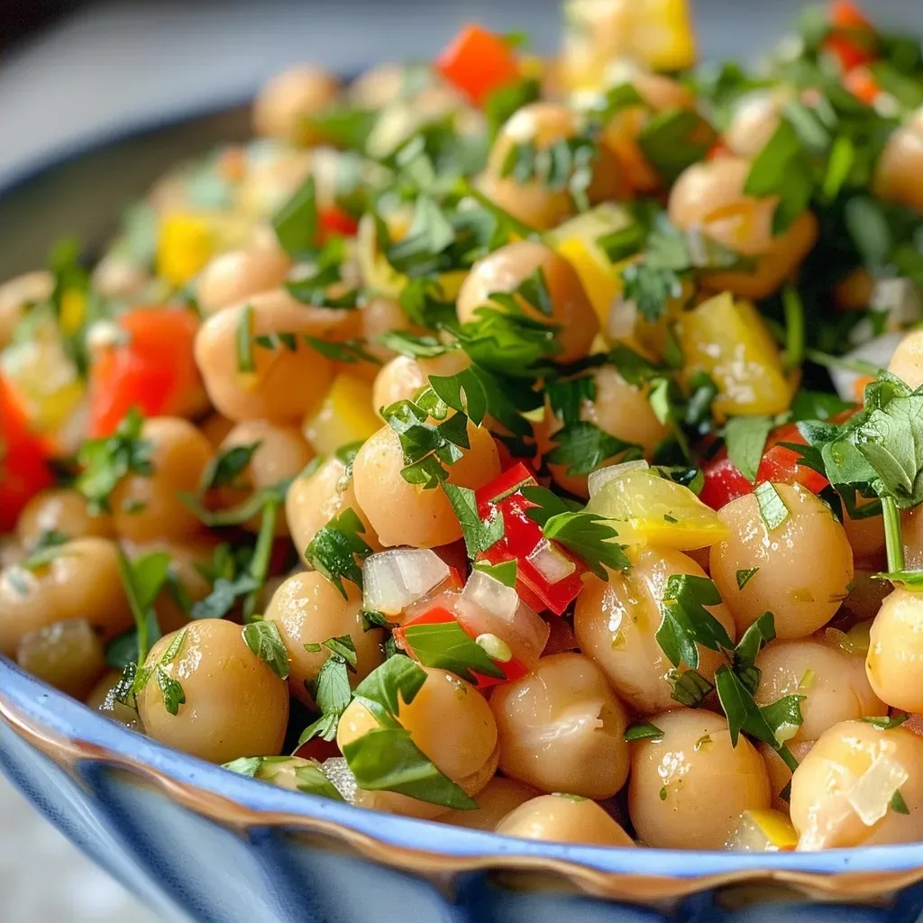 Close-up of a vibrant Balela Salad featuring chickpeas and diced vegetables.