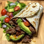 ['A close-up of a BBQ beef and avocado wrap, showcasing the juicy filling and vibrant ingredients.', 'Side view of a delicious BBQ beef wrap with slices of avocado, lettuce, and tomatoes.', 'An appetizing BBQ beef and avocado wrap filled with colorful veggies, placed on a wooden surface.', 'A detailed view of a BBQ beef wrap highlighting the tender beef, fresh avocado, and toppings.']