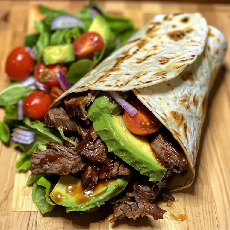 ['A close-up of a BBQ beef and avocado wrap, showcasing the juicy filling and vibrant ingredients.', 'Side view of a delicious BBQ beef wrap with slices of avocado, lettuce, and tomatoes.', 'An appetizing BBQ beef and avocado wrap filled with colorful veggies, placed on a wooden surface.', 'A detailed view of a BBQ beef wrap highlighting the tender beef, fresh avocado, and toppings.']