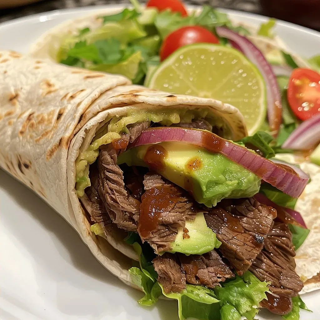 ['A close-up of a BBQ beef and avocado wrap, showcasing the juicy filling and vibrant ingredients.', 'Side view of a delicious BBQ beef wrap with slices of avocado, lettuce, and tomatoes.', 'An appetizing BBQ beef and avocado wrap filled with colorful veggies, placed on a wooden surface.', 'A detailed view of a BBQ beef wrap highlighting the tender beef, fresh avocado, and toppings.']