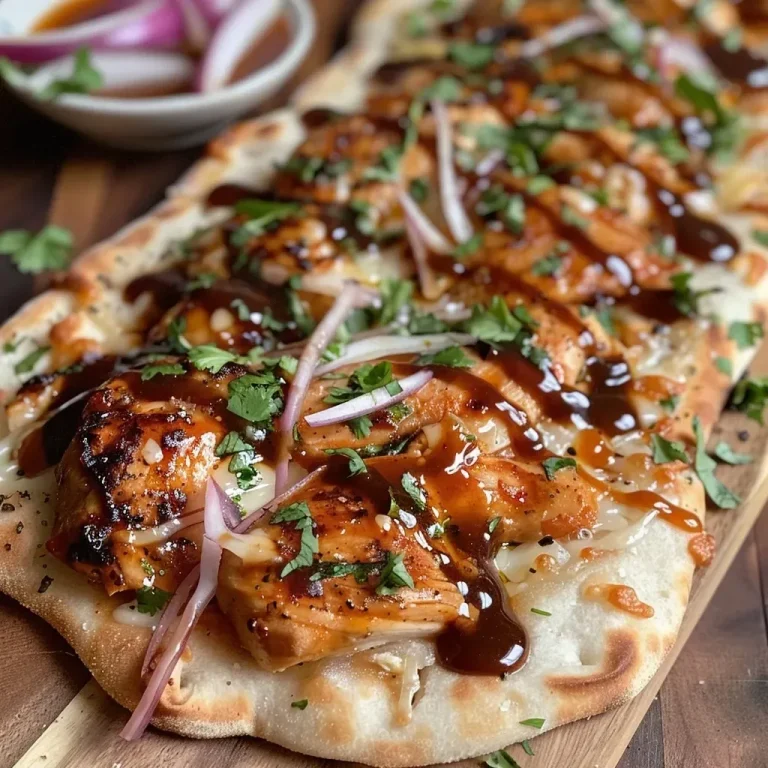 ['Close-up of BBQ chicken flatbread topped with mozzarella cheese and sliced vegetables.', 'Juicy BBQ chicken flatbread with melted cheese and fresh cilantro in a side view.', 'Side view of delicious BBQ chicken flatbreads garnished with red onion and bell pepper.', 'Appetizing close-up of BBQ chicken flatbreads drizzled with additional sauce and herbs.']