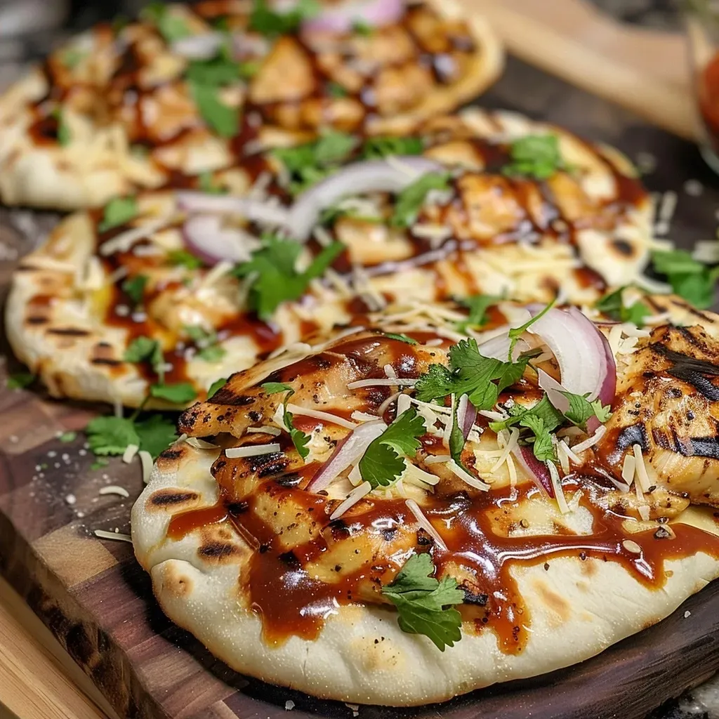 ['Close-up of BBQ chicken flatbread topped with mozzarella cheese and sliced vegetables.', 'Juicy BBQ chicken flatbread with melted cheese and fresh cilantro in a side view.', 'Side view of delicious BBQ chicken flatbreads garnished with red onion and bell pepper.', 'Appetizing close-up of BBQ chicken flatbreads drizzled with additional sauce and herbs.']