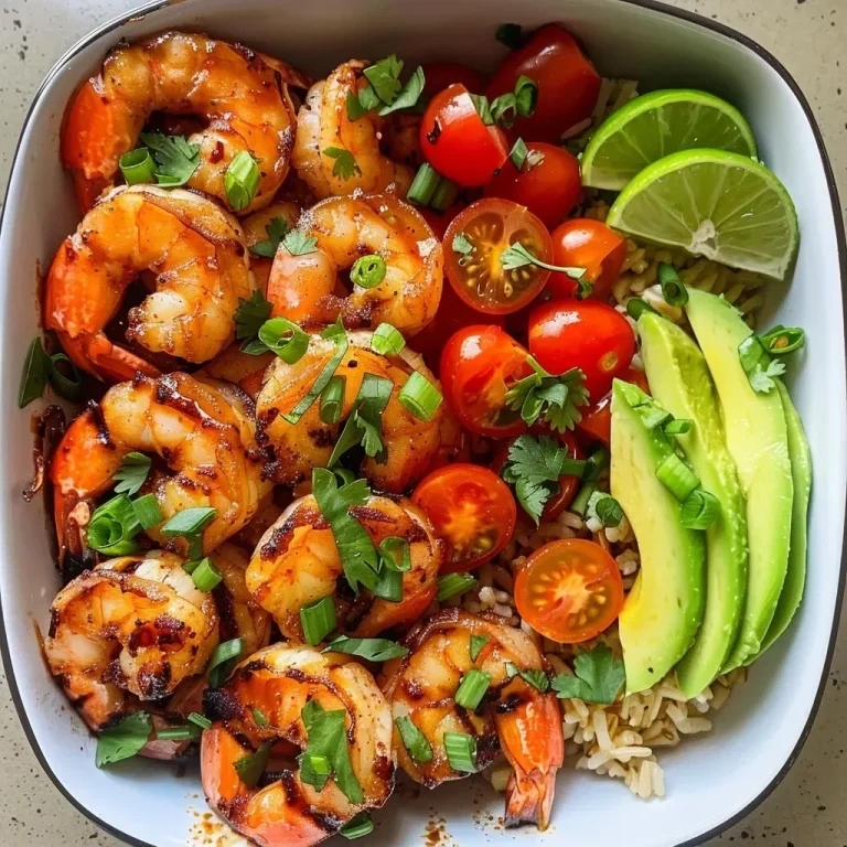 ['Close-up view of BBQ shrimp meal prep bowl with limey avocado salsa.', 'Colorful meal prep bowl featuring juicy shrimp, cherry tomatoes, and avocado.', 'Side view of a vibrant BBQ shrimp meal with rice and garnishes in a bowl.', 'Detailed shot of shrimp, avocado, and lime ingredients in a meal prep setting.']