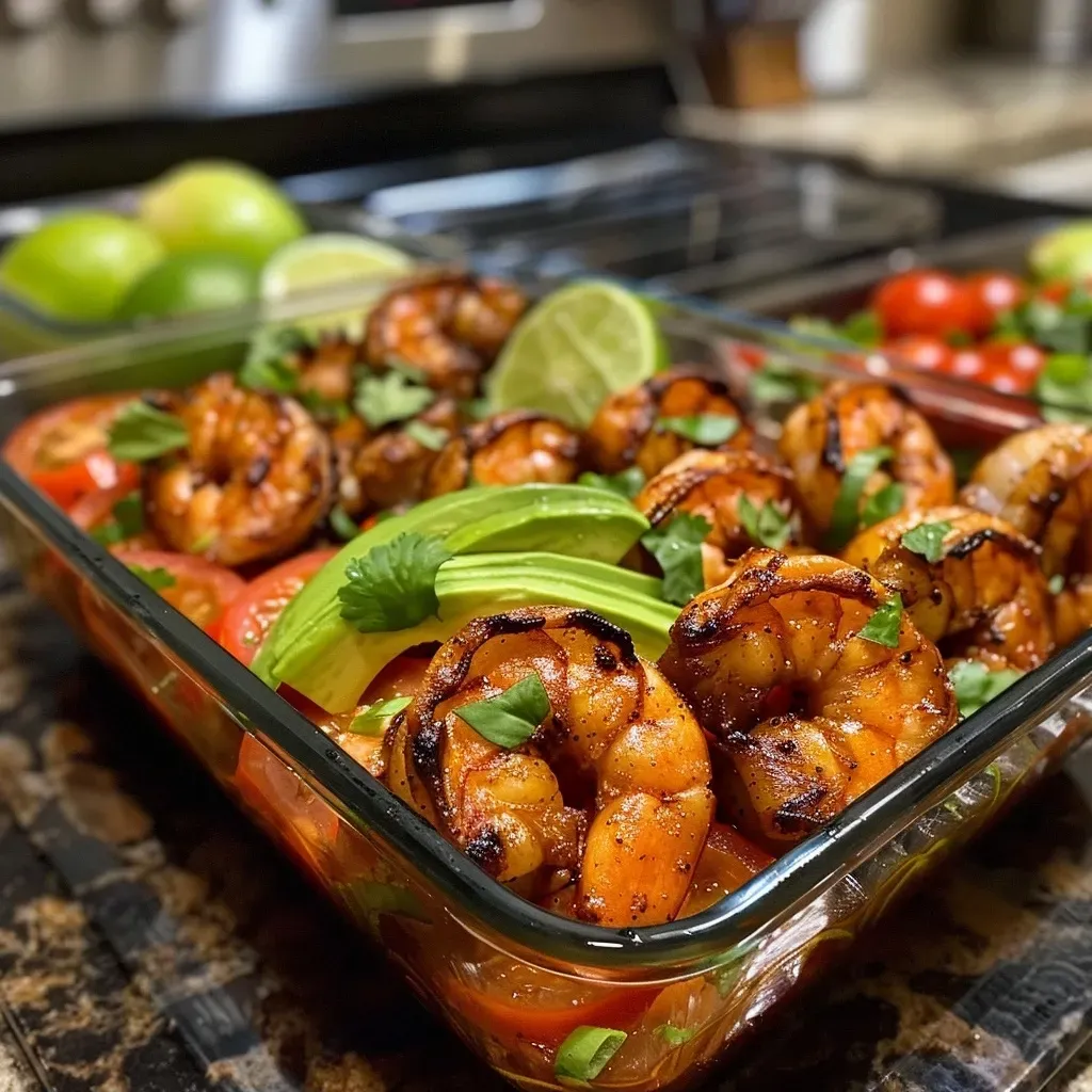 Close-up view of BBQ shrimp meal prep bowl with limey avocado salsa.