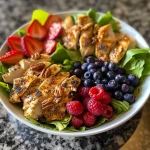 ['Close-up of a vibrant Berry Chicken Salad featuring colorful berries and sliced chicken on a bed of romaine.', 'A delicious Berry Chicken Salad with strawberries, blueberries, and raspberries, served in a bowl.', 'Side view of a fresh salad made with chicken, nuts, and mixed berries, drizzled with creamy poppy seed dressing.', 'Juicy Berry Chicken Salad with pecans and colorful fruits, showcasing a variety of textures and colors.']