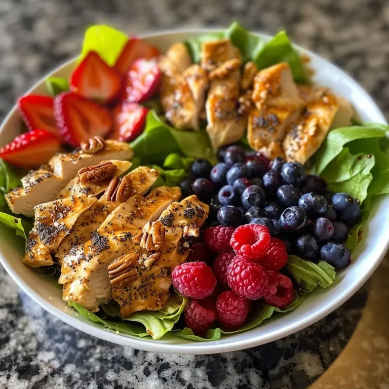 ['Close-up of a vibrant Berry Chicken Salad featuring colorful berries and sliced chicken on a bed of romaine.', 'A delicious Berry Chicken Salad with strawberries, blueberries, and raspberries, served in a bowl.', 'Side view of a fresh salad made with chicken, nuts, and mixed berries, drizzled with creamy poppy seed dressing.', 'Juicy Berry Chicken Salad with pecans and colorful fruits, showcasing a variety of textures and colors.']