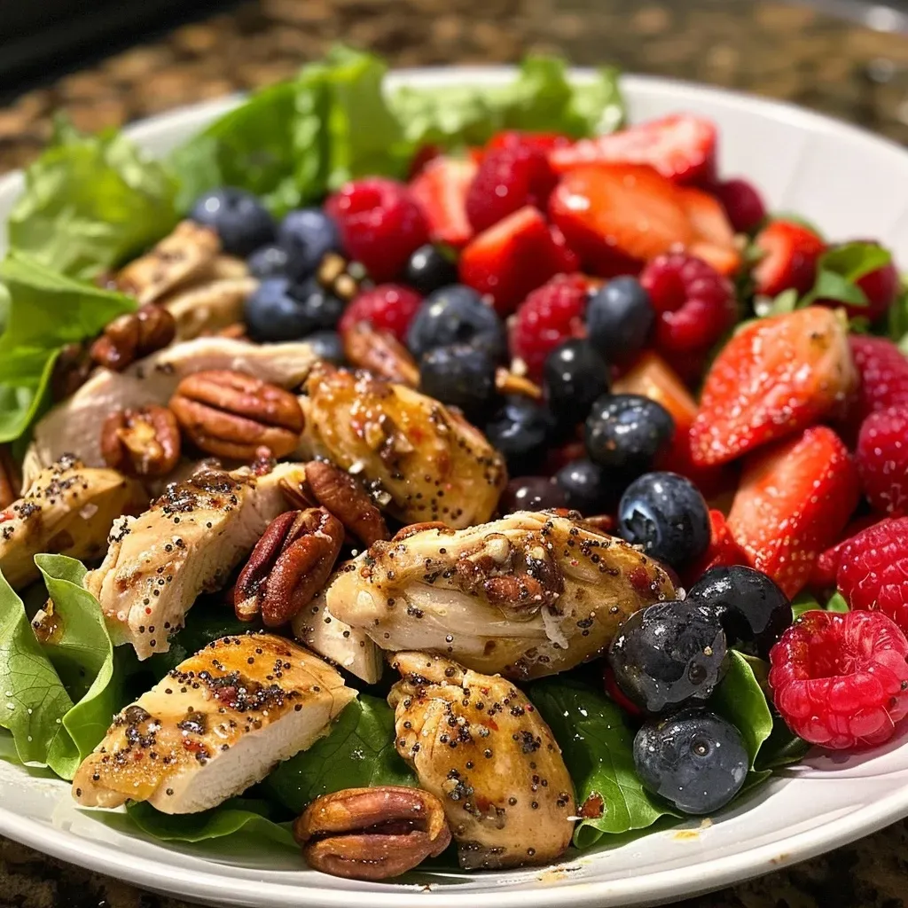 Close-up of a vibrant Berry Chicken Salad featuring colorful berries and sliced chicken on a bed of romaine.