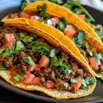['Close-up of a taco filled with seasoned ground beef, topped with fresh lettuce and cheese.', 'Juicy taco featuring ground turkey, garnished with tomatoes and sour cream, viewed from the side.', 'Side view of a taco overflowing with toppings, showing off its colorful ingredients and soft tortilla.', 'A vibrant taco filled with beef, garnished with avocado and cilantro, captured in rich detail.']