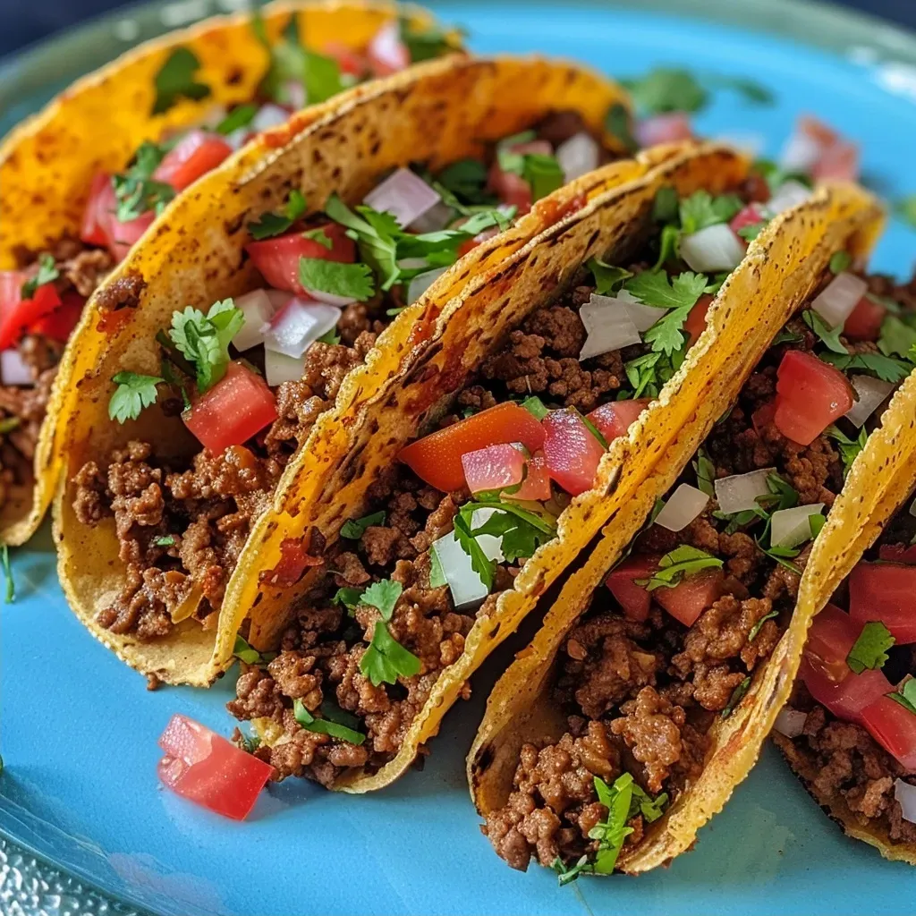 Close-up of a taco filled with seasoned ground beef, topped with fresh lettuce and cheese.