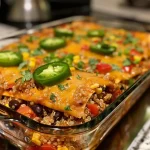 ['Close-up of a layered Black Bean Quinoa Enchilada Bake, showcasing colorful ingredients.', 'Side view of a hearty Black Bean Quinoa Enchilada Bake, with visible cheese and fresh toppings.', 'A delicious Black Bean Quinoa Enchilada Bake, highlighting its vibrant vegetables and cheesy topping.', 'Juicy Black Bean Quinoa Enchilada Bake displayed in a baking dish, with garnished toppings.']
