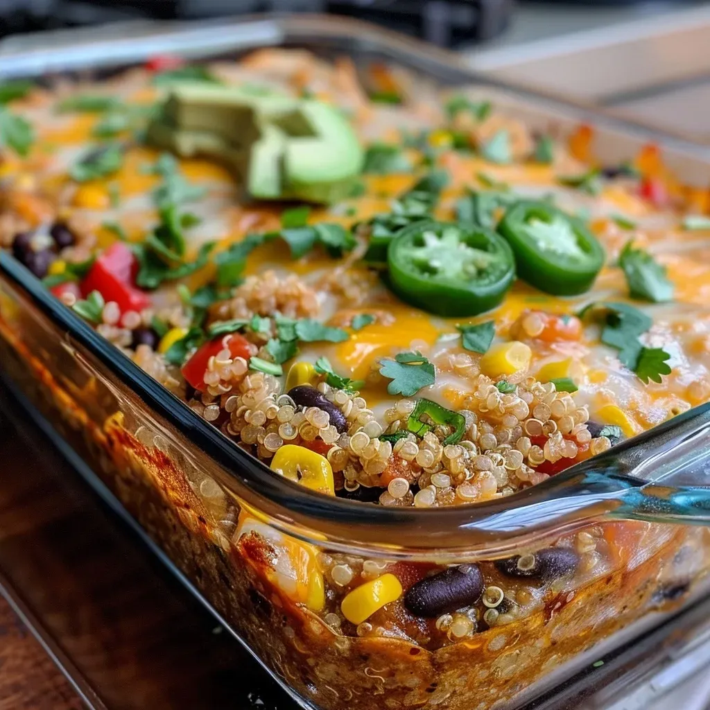 Close-up of a layered Black Bean Quinoa Enchilada Bake, showcasing colorful ingredients.