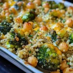 ['Close-up view of a broccoli and chickpea casserole with melted cheese on top.', 'Side view of a healthy casserole dish featuring broccoli, chickpeas, and quinoa.', 'Detailed image of a comforting casserole showcasing broccoli florets and chickpeas.', 'Close-up of a warm broccoli and chickpea casserole, garnished with herbs.']