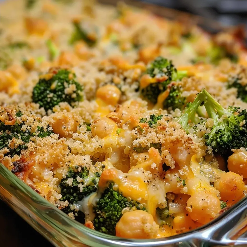 Close-up view of a broccoli and chickpea casserole with melted cheese on top.