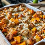 ['Juicy butternut squash turkey veggie bake, featuring vibrant vegetables and melted cheese.', 'Close-up of a delicious butternut squash and turkey bake, showcasing the colorful layers.', 'Side view of a hearty butternut squash turkey veggie bake with visible turkey and cheese.', 'Warm butternut squash turkey bake, filled with fresh veggies and covered in provolone cheese.']