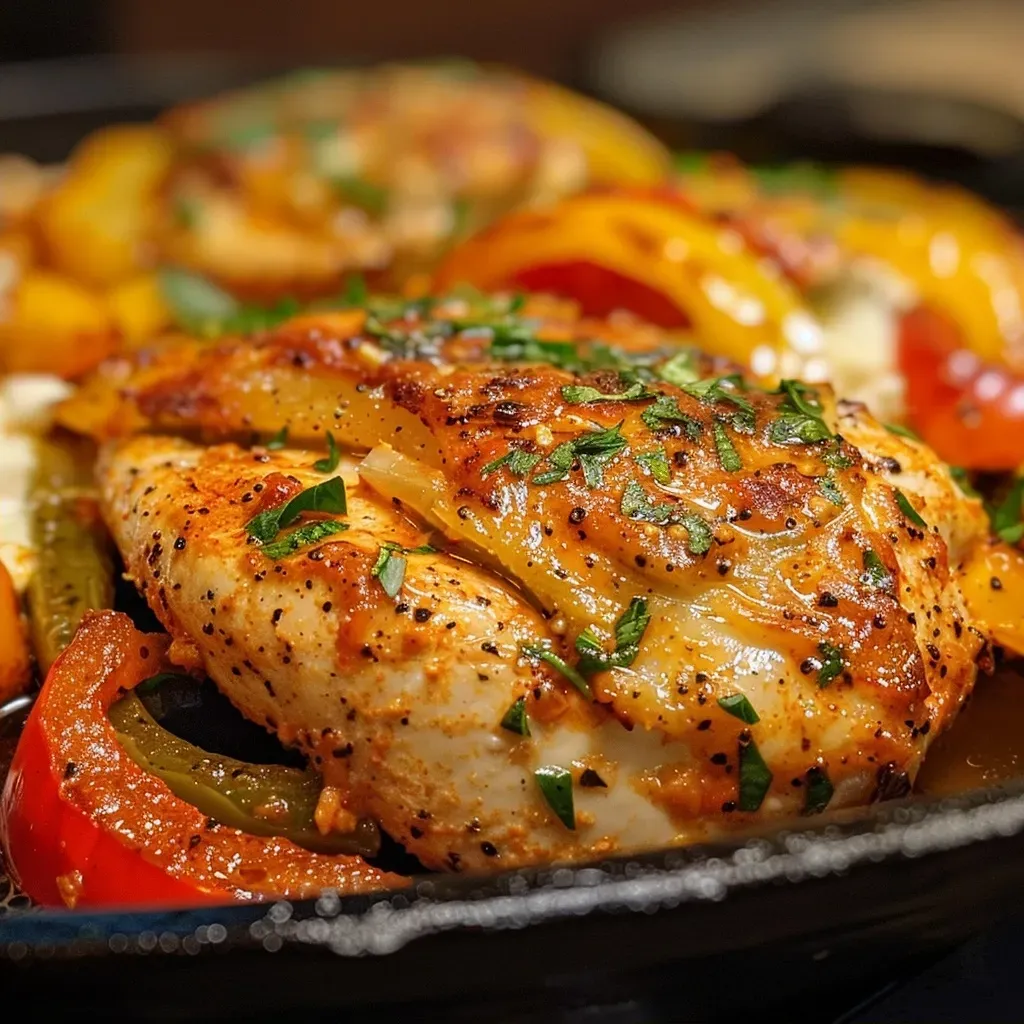 ['Juicy Cajun chicken garnished with vibrant bell peppers.', 'Close-up view of Cajun chicken with colorful sliced peppers.', 'Succulent Cajun chicken breast accompanied by bell pepper slices.', 'A side view of moist Cajun chicken and bell peppers on a plate.']