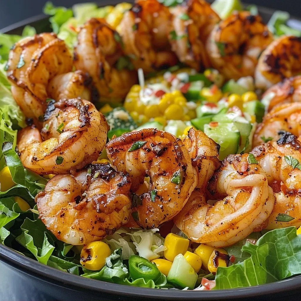 Close-up view of a colorful Cajun grilled shrimp salad featuring shrimp, rice, and fresh vegetables.