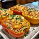 ['Close-up of colorful bell peppers stuffed with canned salmon and rice.', 'Side view of baked stuffed peppers filled with salmon and garnished with parsley.', 'Juicy stuffed peppers featuring a mixture of salmon, rice, and cheese.', 'Detailed view of vibrant peppers filled with a savory salmon filling.']