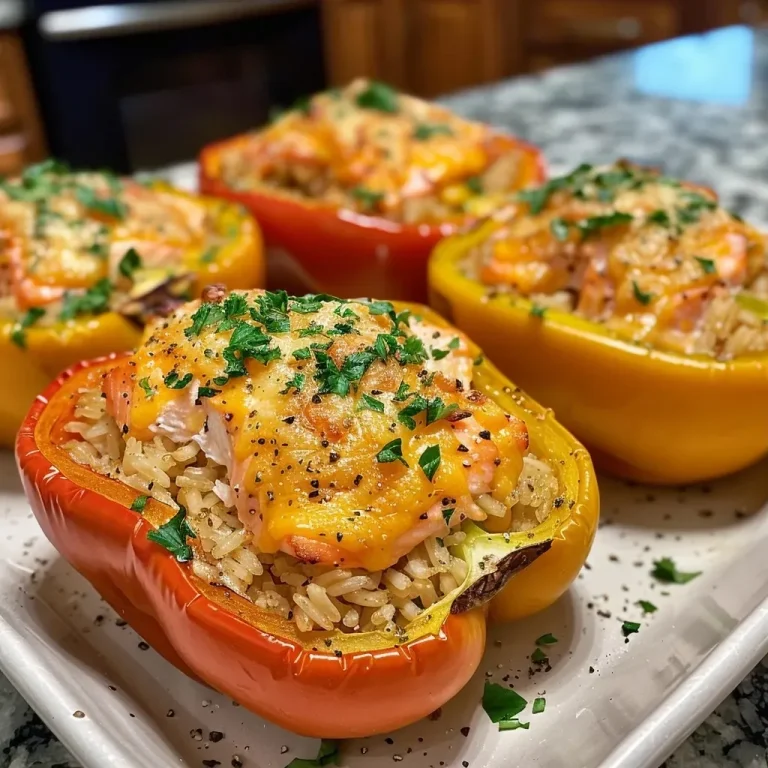 ['Close-up of colorful bell peppers stuffed with canned salmon and rice.', 'Side view of baked stuffed peppers filled with salmon and garnished with parsley.', 'Juicy stuffed peppers featuring a mixture of salmon, rice, and cheese.', 'Detailed view of vibrant peppers filled with a savory salmon filling.']