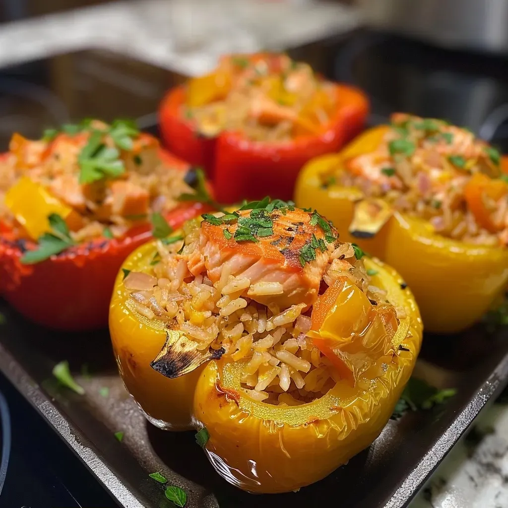 Close-up of colorful bell peppers stuffed with canned salmon and rice.