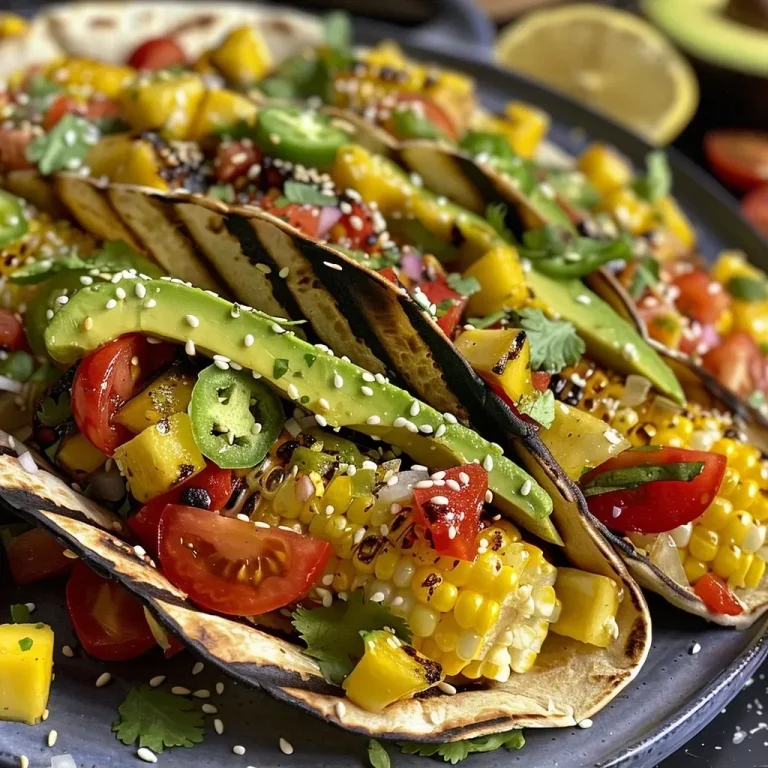 ['Close-up of charred corn tacos topped with fresh avocado jalapeño sauce and vibrant ingredients.', 'Side view of delicious charred corn tacos filled with fresh vegetables and avocado sauce.', 'Colorful plate featuring charred corn tacos with diced mango, cherry tomatoes, and jalapeño sauce.', 'Juicy charred corn tacos arranged with fresh toppings and warm tortillas.']