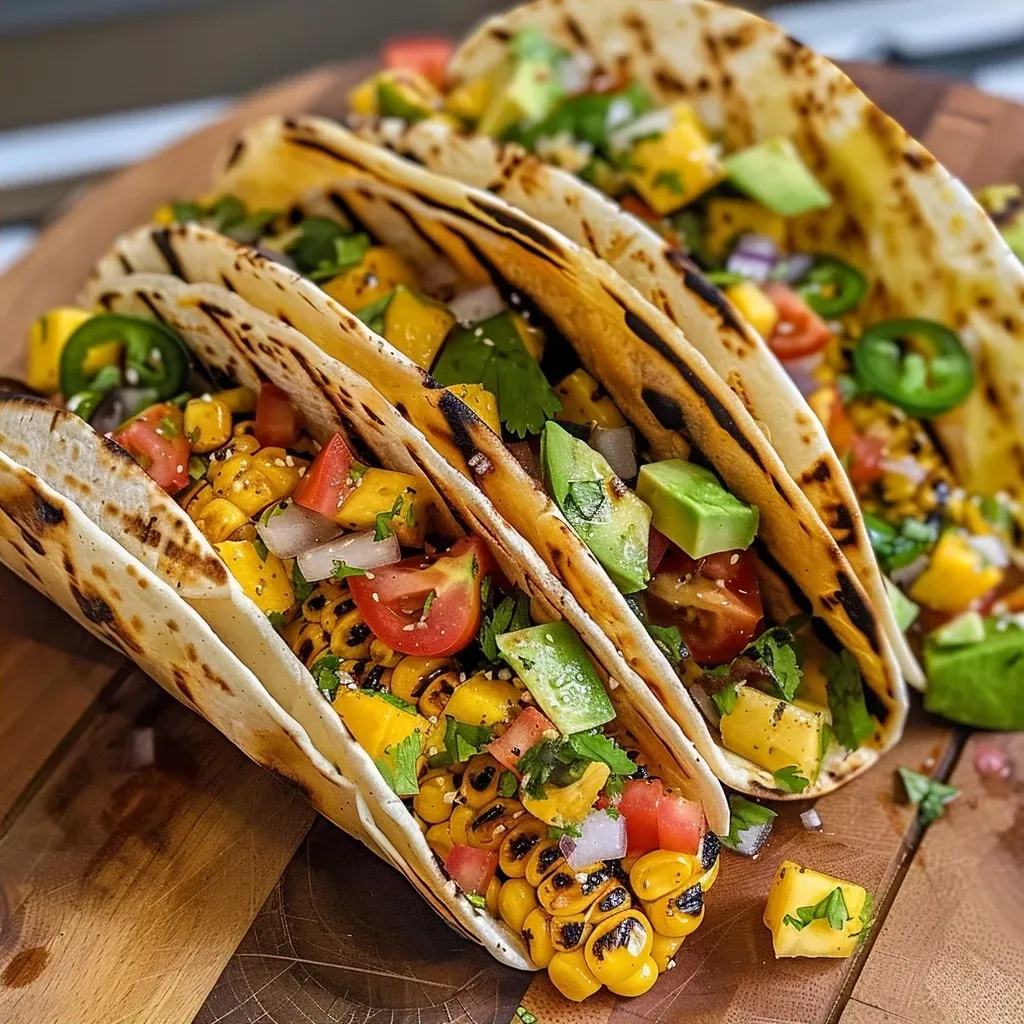 Close-up of charred corn tacos topped with fresh avocado jalapeño sauce and vibrant ingredients.