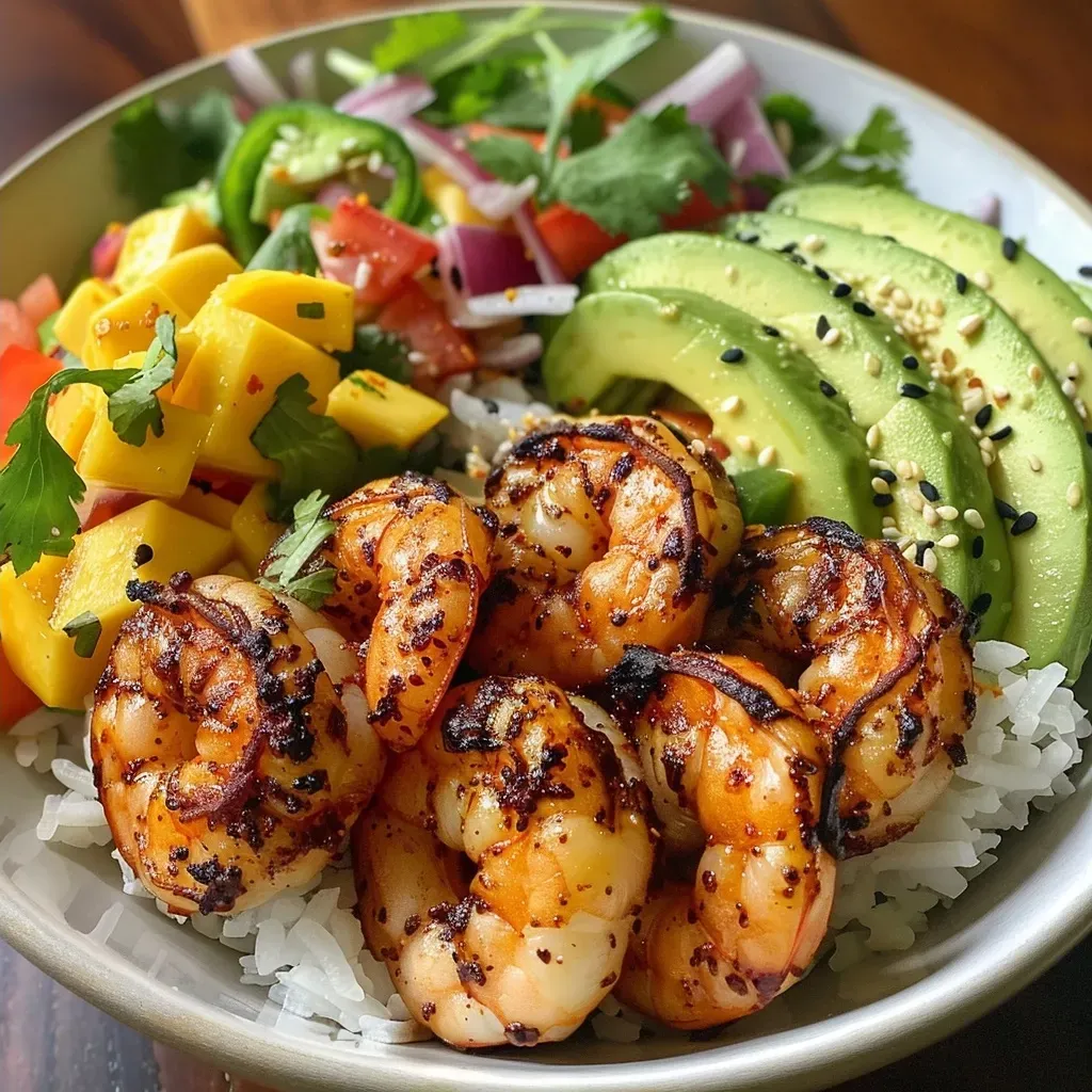 ['Close-up of a vibrant charred shrimp and avocado bowl featuring colorful ingredients.', 'Detailed view of a shrimp and avocado bowl garnished with fresh cilantro and lime.', 'Side view of a delicious charred shrimp dish with sliced avocado and mango.', 'A beautifully arranged charred shrimp and avocado bowl with rich colors and textures.']